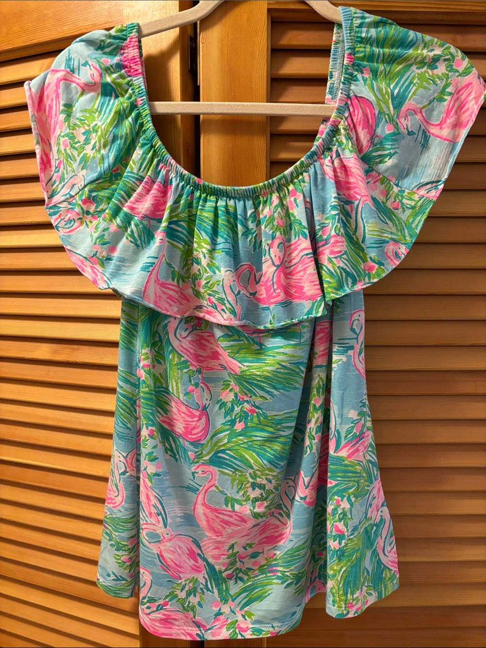 Lilly Pulitzer Pink Flamingo Ruffle Off-Shoulder Tank - Aqua Base